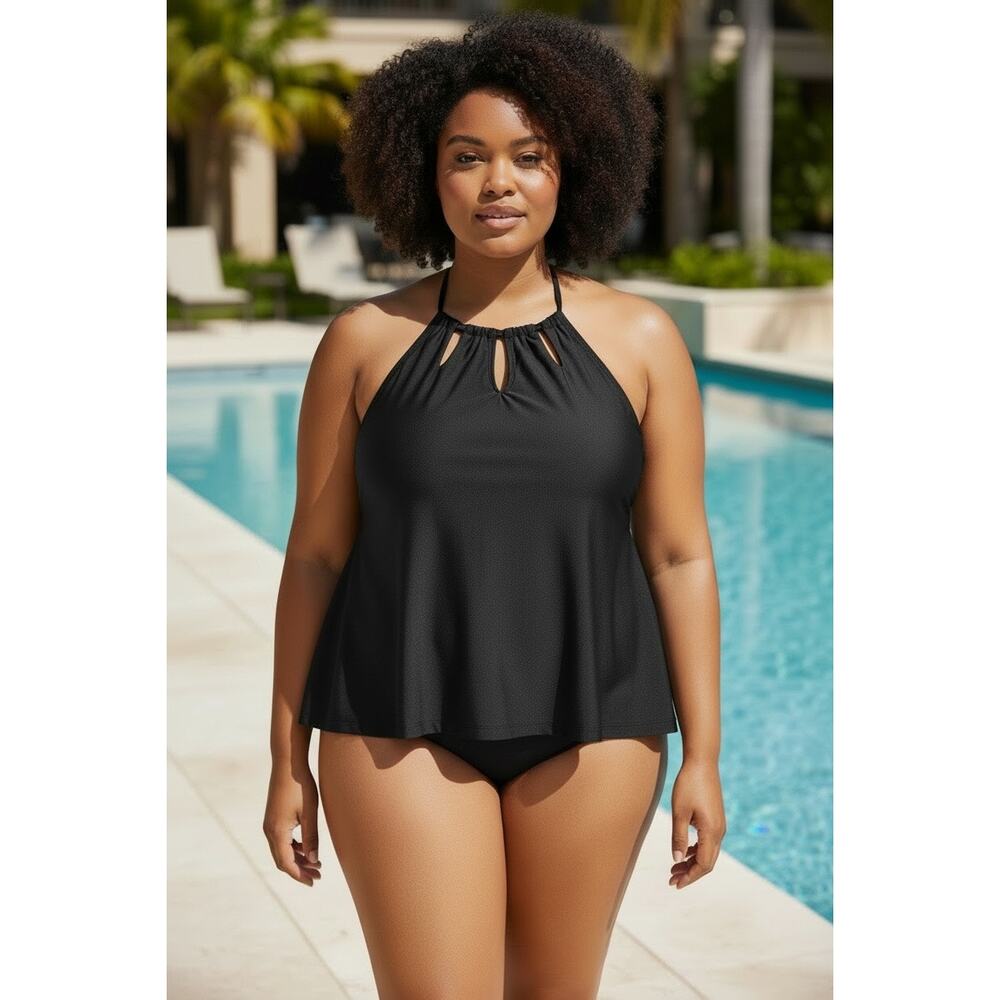 DREAMSUIT BY MIRACLE BRANDS BLACK KEYHOLE HIGH NECK TANKINI TOP Sz 14